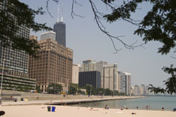 Chicago, IL Skyline view from beach along Lake Michigan