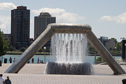 Renaissance Center Park fountain with Michigan River and Windsor, Ontario in the background
