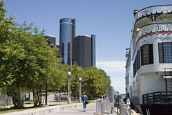 Detroit Princess docked in the Michigan River with the Renaissance Center and General Motors Building in the background