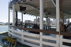Main deck to the Detroit Princess, docked in the Michigan River with Windsor, Ontario in the background